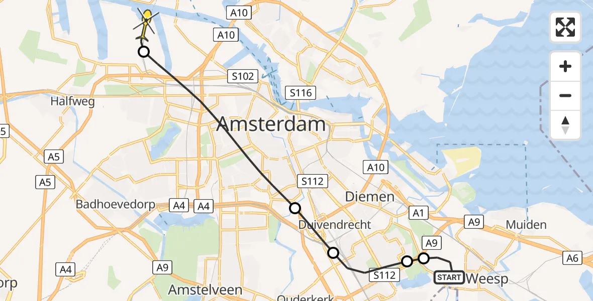 Routekaart van de vlucht: Lifeliner 1 naar Amsterdam Heliport, Gaaspermolenpad