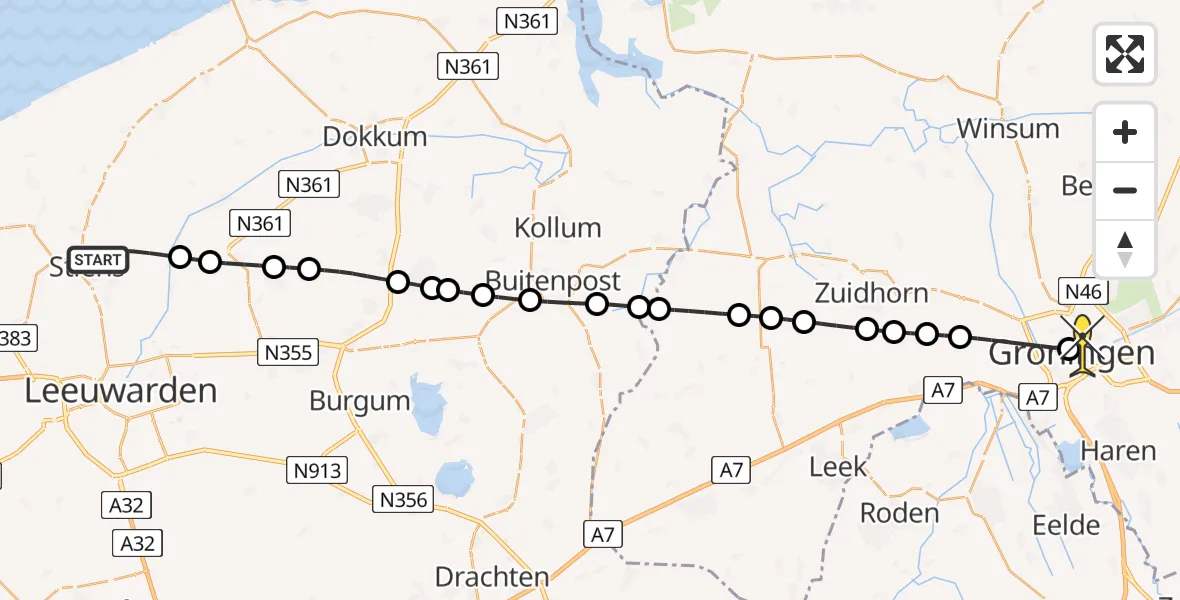 Routekaart van de vlucht: Lifeliner 4 naar Universitair Medisch Centrum Groningen, De Wurge