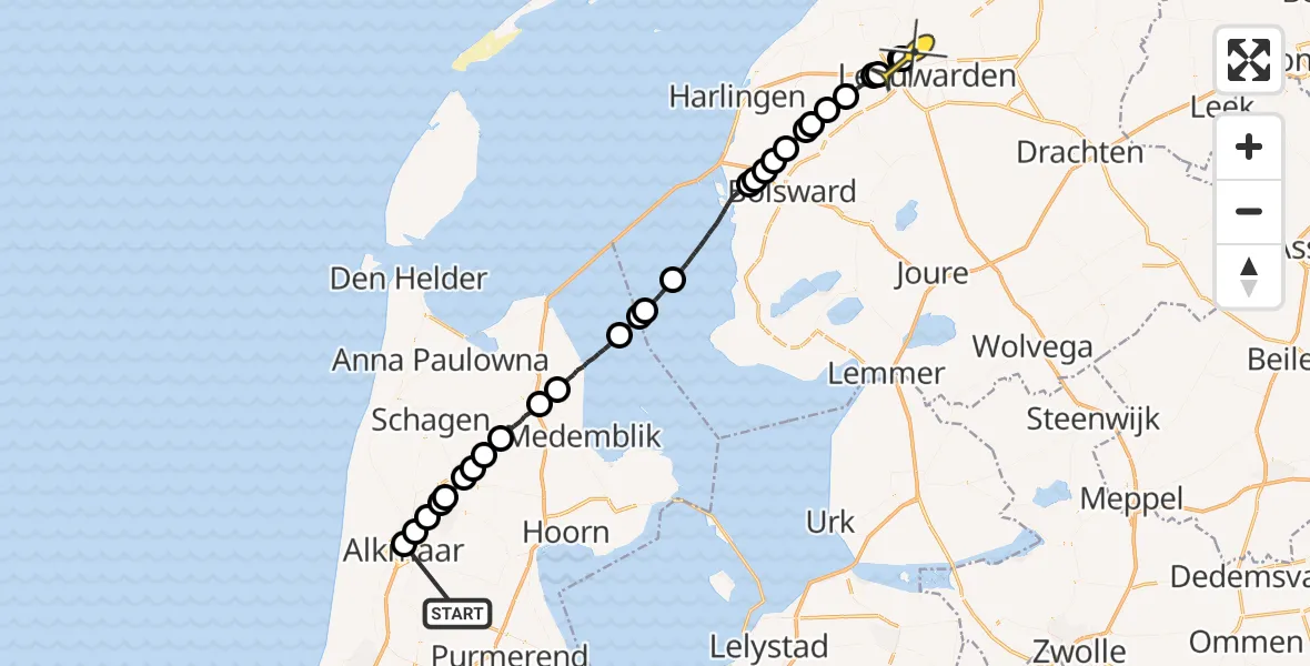 Routekaart van de vlucht: Ambulanceheli naar Vliegbasis Leeuwarden, Zijperstraat