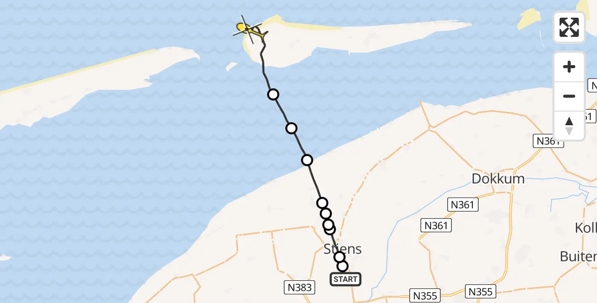 Routekaart van de vlucht: Ambulanceheli naar Hollum, Nijlânsdyk