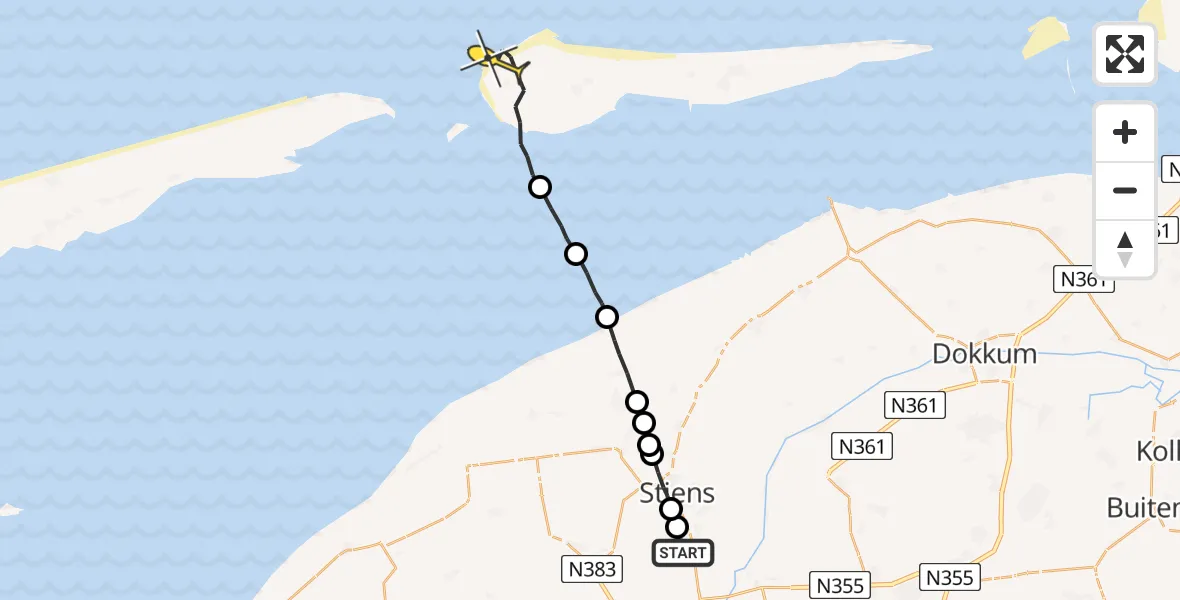 Routekaart van de vlucht: Ambulancehelikopter naar Hollum, Nijlânsdyk