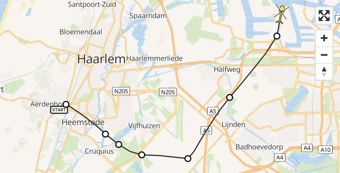 Routekaart van de vlucht: Traumaheli naar Amsterdam Heliport, Zandvoorter Allee