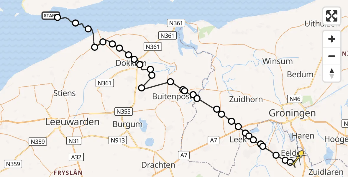 Routekaart van de vlucht: Ambulanceheli naar Groningen Airport Eelde, Kikkertgat