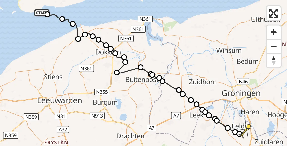Routekaart van de vlucht: Ambulancehelikopter naar Groningen Airport Eelde, Kikkertgat