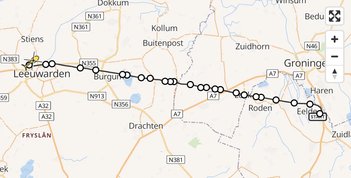 Routekaart van de vlucht: Ambulanceheli naar Vliegbasis Leeuwarden, Keegsdijkje