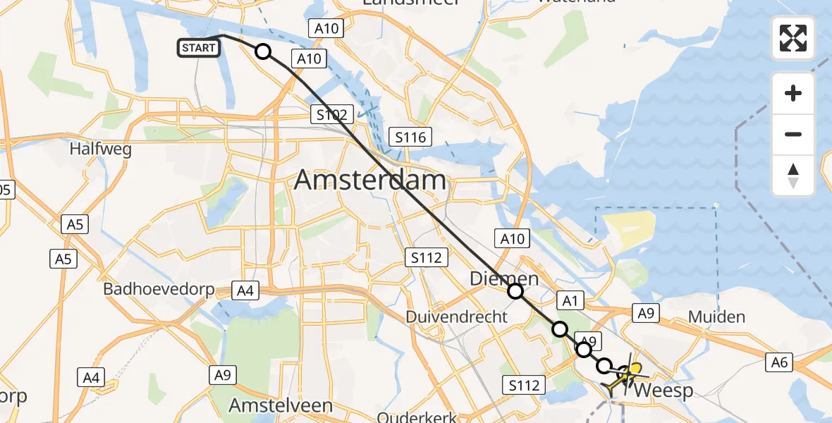 Routekaart van de vlucht: Traumaheli naar Weesp, Nieuwe Hemweg