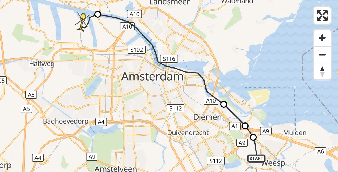 Routekaart van de vlucht: Traumaheli naar Amsterdam Heliport, Bloemendalerweg