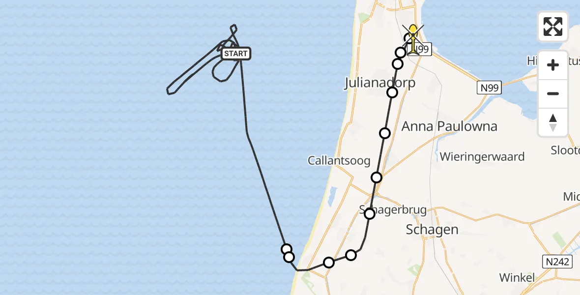 Routekaart van de vlucht: Kustwachthelikopter naar Vliegveld De Kooy, Luchthavenweg