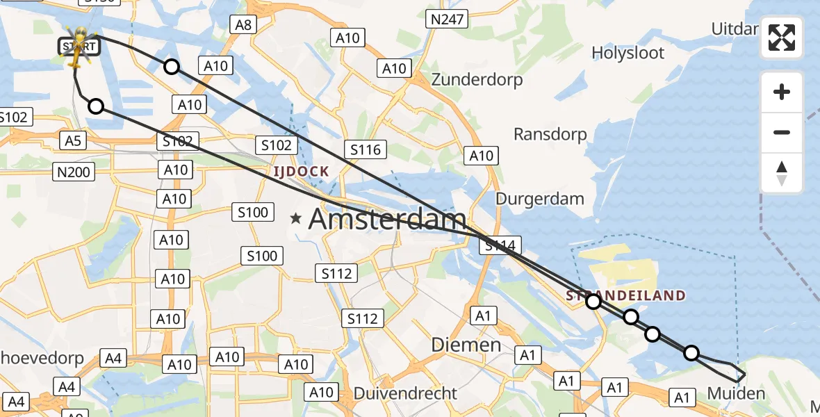 Vluchtroute Traumahelikopter van Amsterdam Heliport naar Amsterdam Heliport