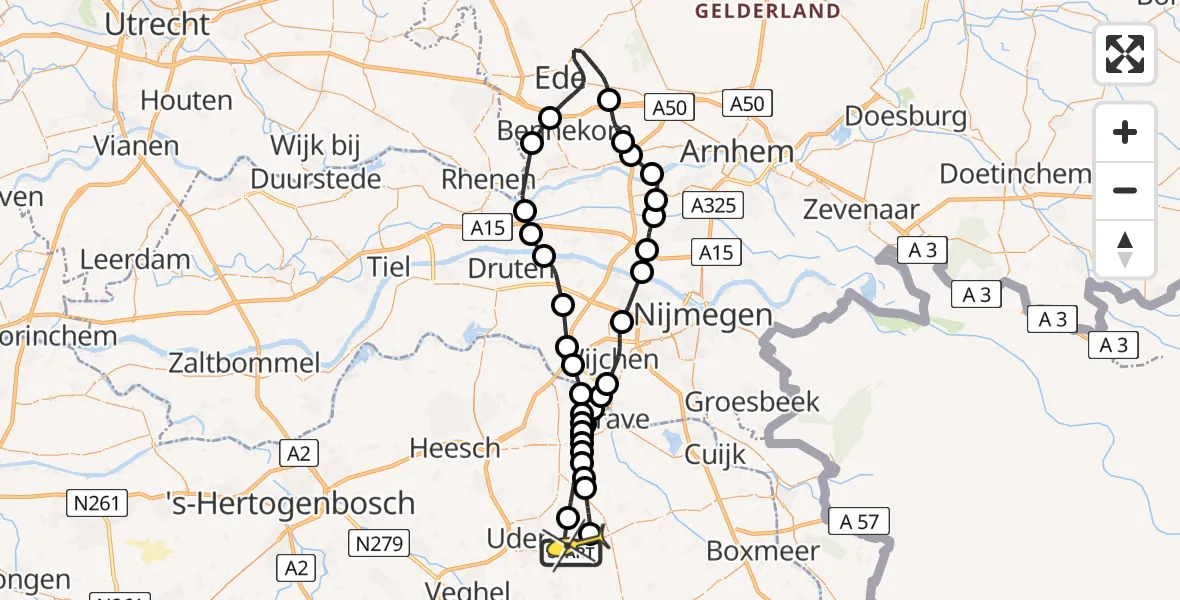 Routekaart van de vlucht: Politieheli naar Vliegbasis Volkel, Zeelandsedijk