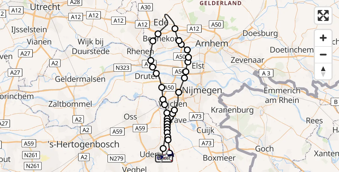 Vluchtroute Politiehelikopter van Vliegbasis Volkel naar Vliegbasis Volkel