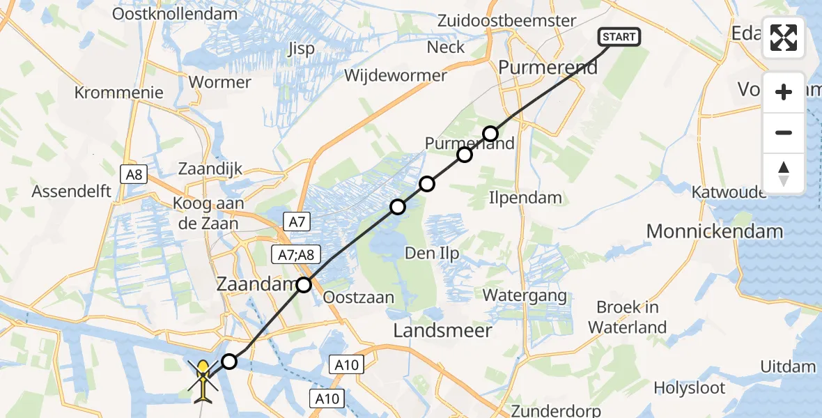 Routekaart van de vlucht: Traumaheli naar Amsterdam Heliport, Boekbinderstraat