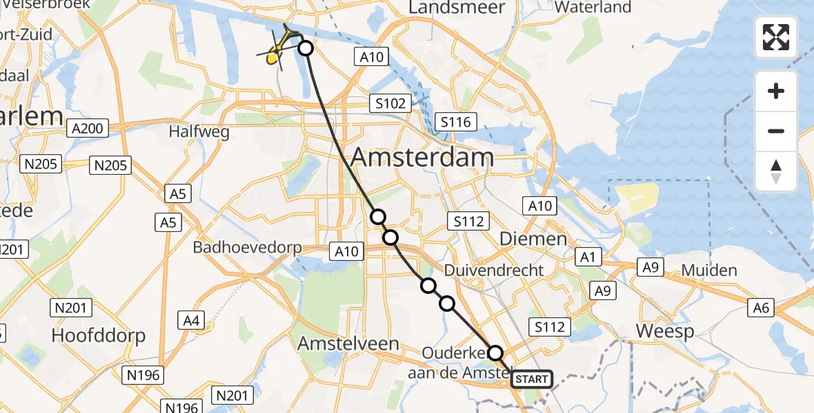 Routekaart van de vlucht: Traumaheli naar Amsterdam Heliport, Sijsjesbergweg