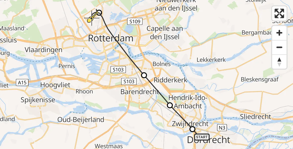 Routekaart van de vlucht: Lifeliner 2 naar Rotterdam The Hague Airport, Hugo de Grootlaan
