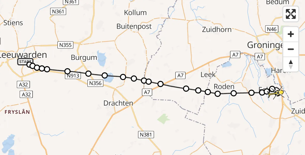 Routekaart van de vlucht: Lifeliner 4 naar Groningen Airport Eelde, Jonkersleane