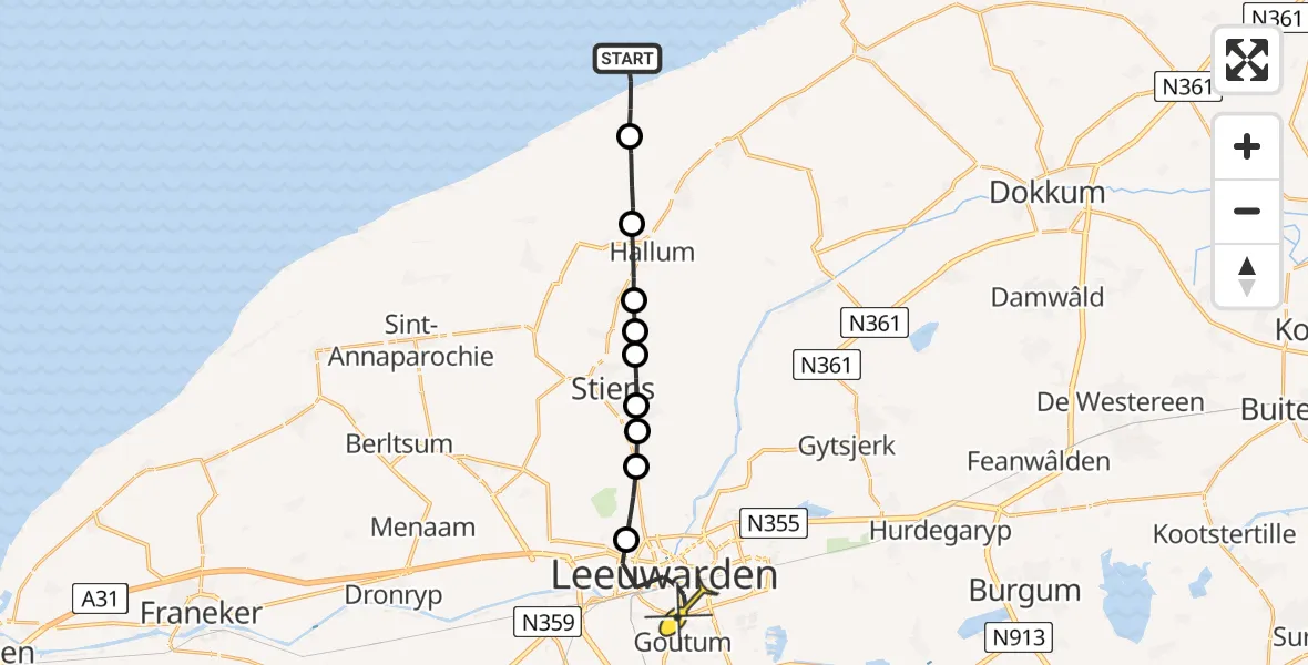 Routekaart van de vlucht: Ambulancehelikopter naar Leeuwarden, Borniastraat
