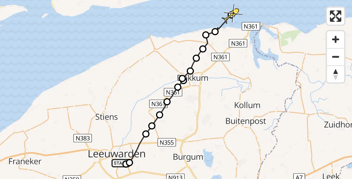 Routekaart van de vlucht: Ambulancehelikopter naar Schiermonnikoog, Krommezijl