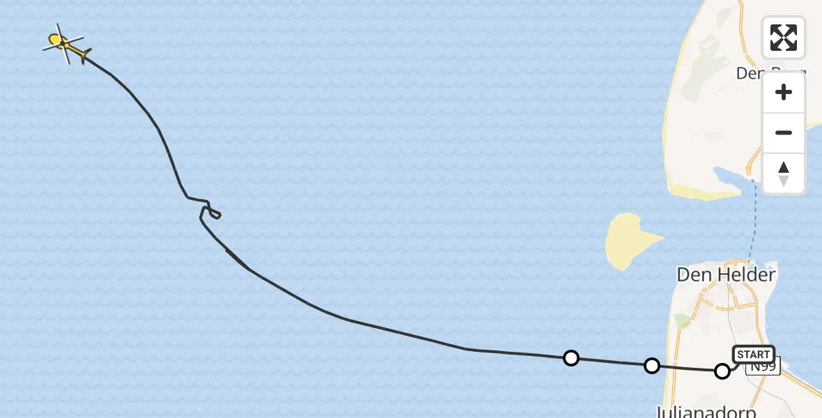 Vluchtroute Kustwachthelikopter van Vliegveld De Kooy naar 