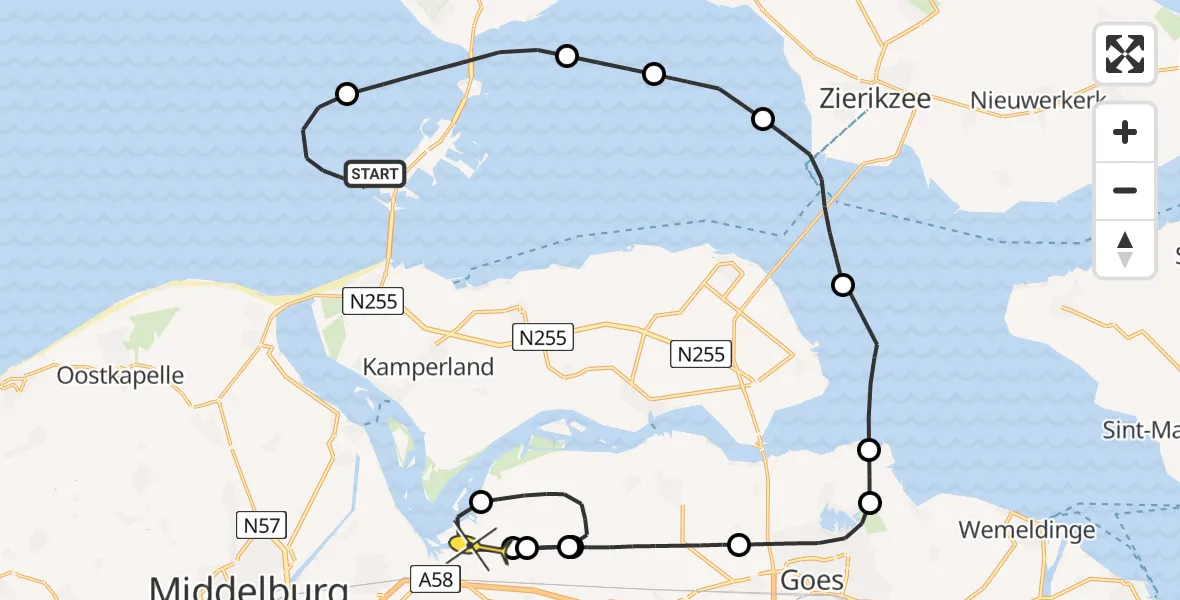 Routekaart van de vlucht: Kustwachthelikopter naar Vliegveld Midden-Zeeland, Noordelijke Pier