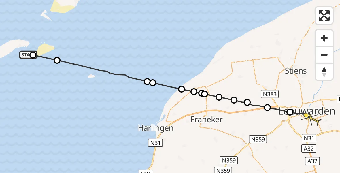 Routekaart van de vlucht: Ambulanceheli naar Leeuwarden, Borniastraat