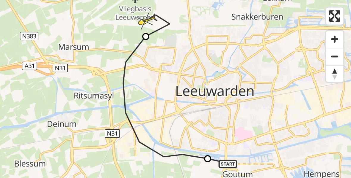 Routekaart van de vlucht: Ambulancehelikopter naar Vliegbasis Leeuwarden, Hendrik Algraweg