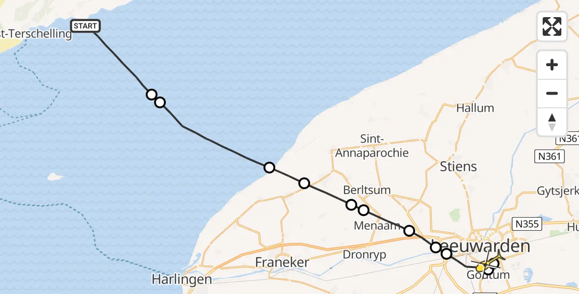 Routekaart van de vlucht: Ambulanceheli naar Leeuwarden, Aldlânsdyk