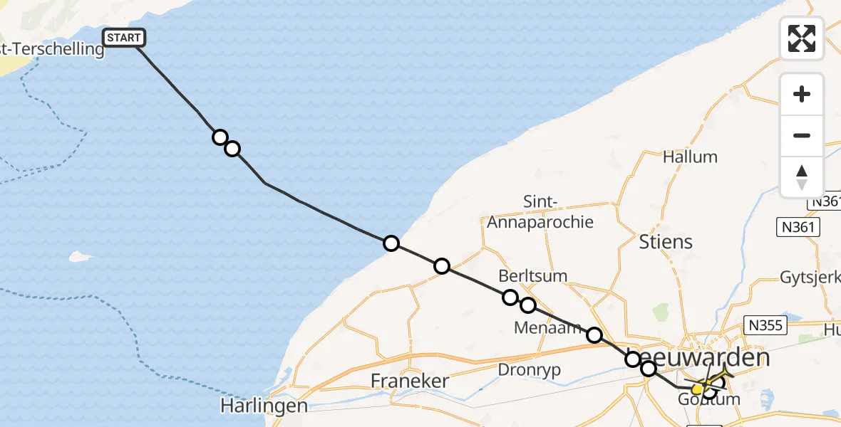 Routekaart van de vlucht: Ambulancehelikopter naar Leeuwarden, Aldlânsdyk