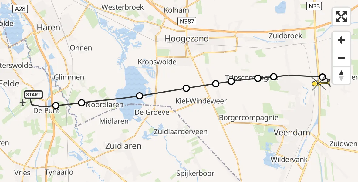 Routekaart van de vlucht: Lifeliner 4 naar Meeden, Oosterveldweg