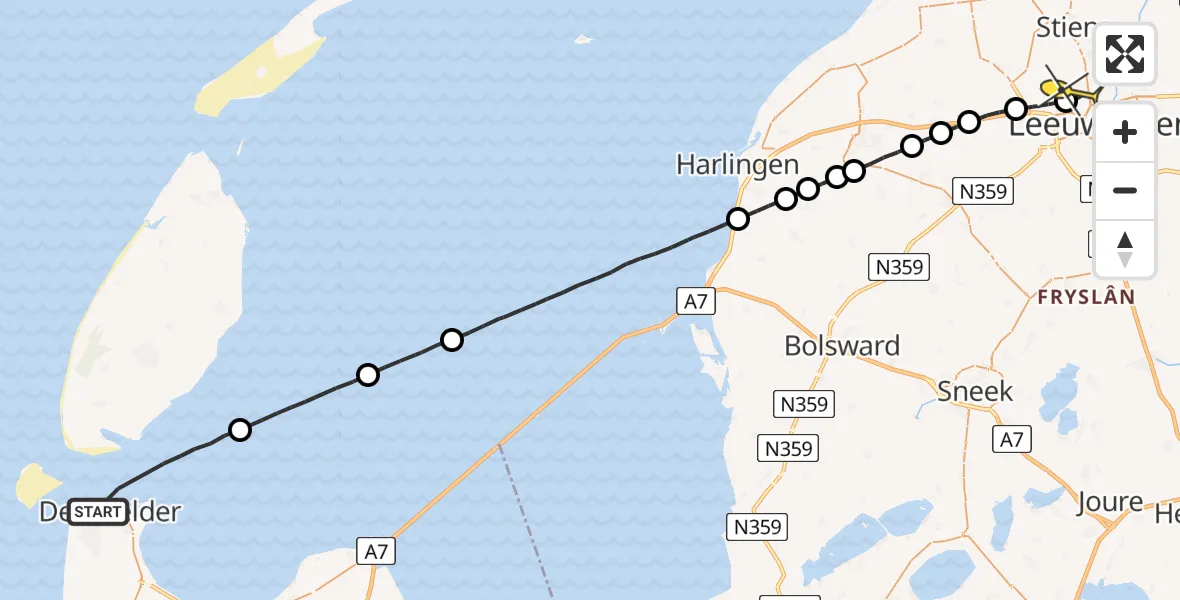 Routekaart van de vlucht: Ambulancehelikopter naar Vliegbasis Leeuwarden, Zeepromenade