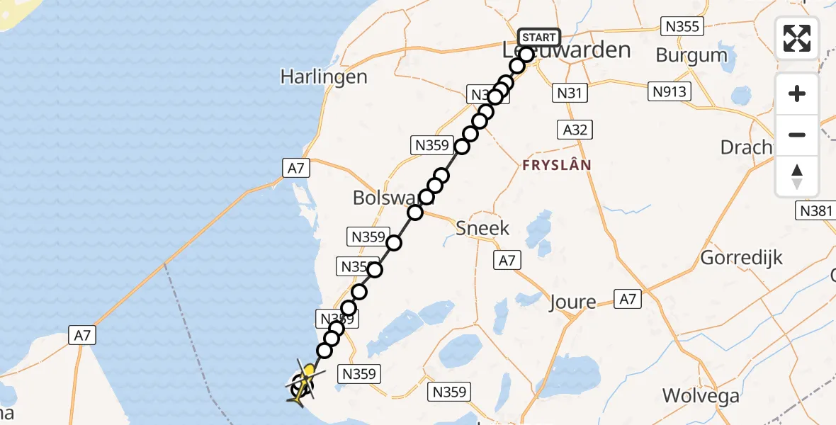 Routekaart van de vlucht: Ambulanceheli naar Molkwerum, Harlingerstraatweg
