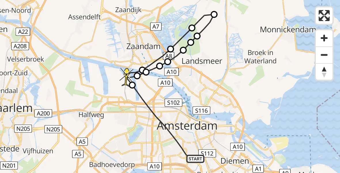 Routekaart van de vlucht: Lifeliner 1 naar Amsterdam Heliport, Amstelkade