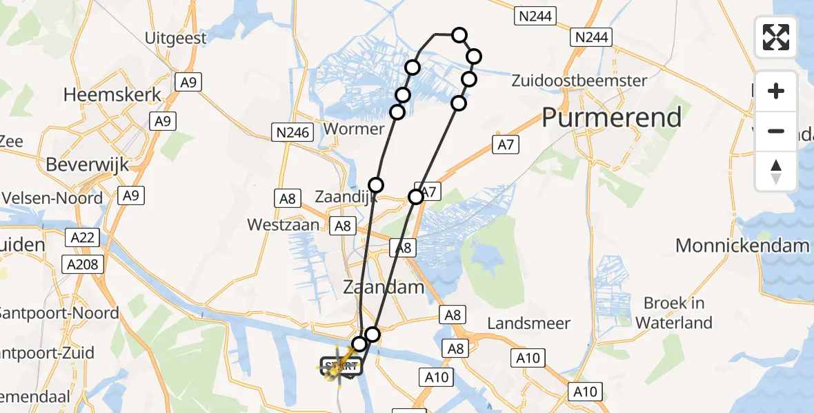 Vluchtroute Traumahelikopter van Amsterdam Heliport naar Amsterdam Heliport