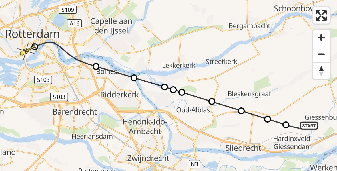 Routekaart van de vlucht: Lifeliner 2 naar Erasmus MC, Torenweg