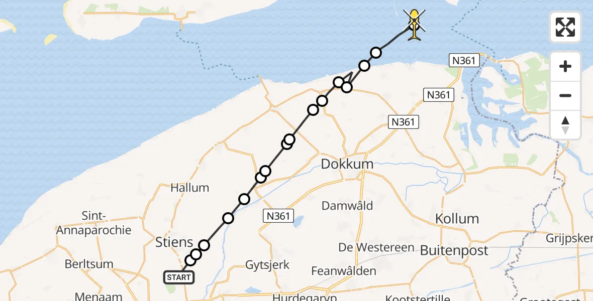 Routekaart van de vlucht: Ambulanceheli naar Schiermonnikoog, Joussenwei