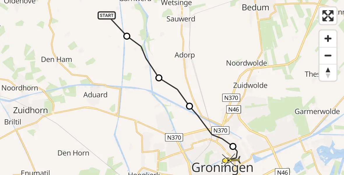 Routekaart van de vlucht: Ambulanceheli naar Universitair Medisch Centrum Groningen, Aduarderdiep