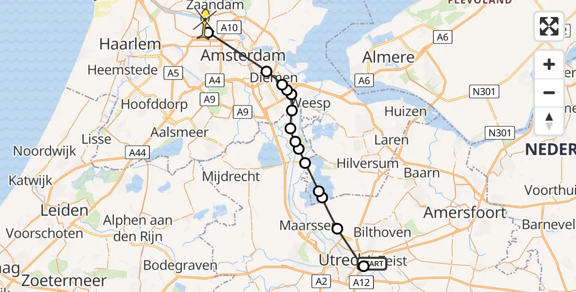Routekaart van de vlucht: Traumaheli naar Amsterdam Heliport, Hoge Bospad