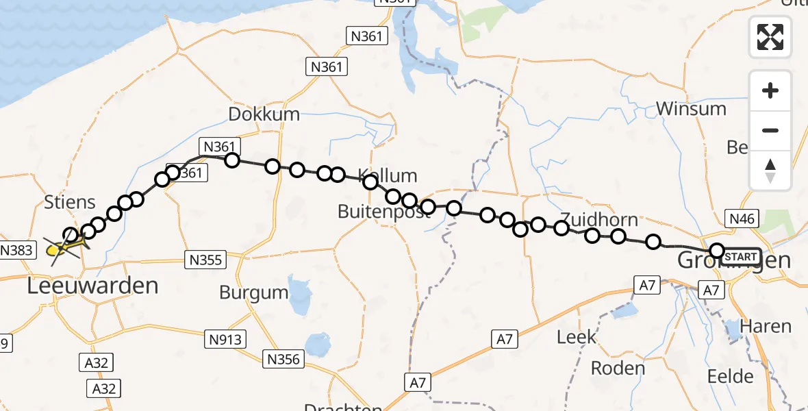 Routekaart van de vlucht: Ambulancehelikopter naar Vliegbasis Leeuwarden, Grote Beerstraat