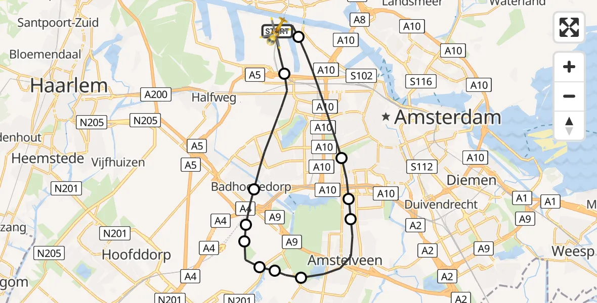 Vluchtroute Traumahelikopter van Amsterdam Heliport naar Amsterdam Heliport