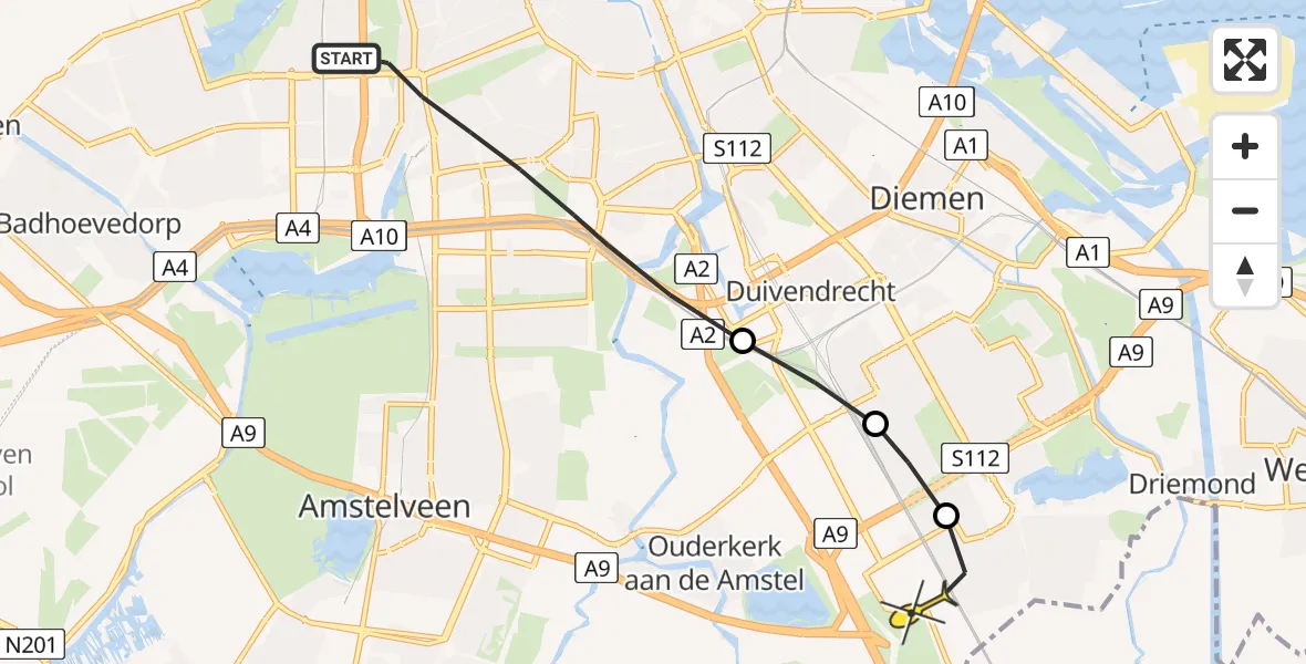 Routekaart van de vlucht: Lifeliner 1 naar Academisch Medisch Centrum (AMC), Schinkelhavenkade