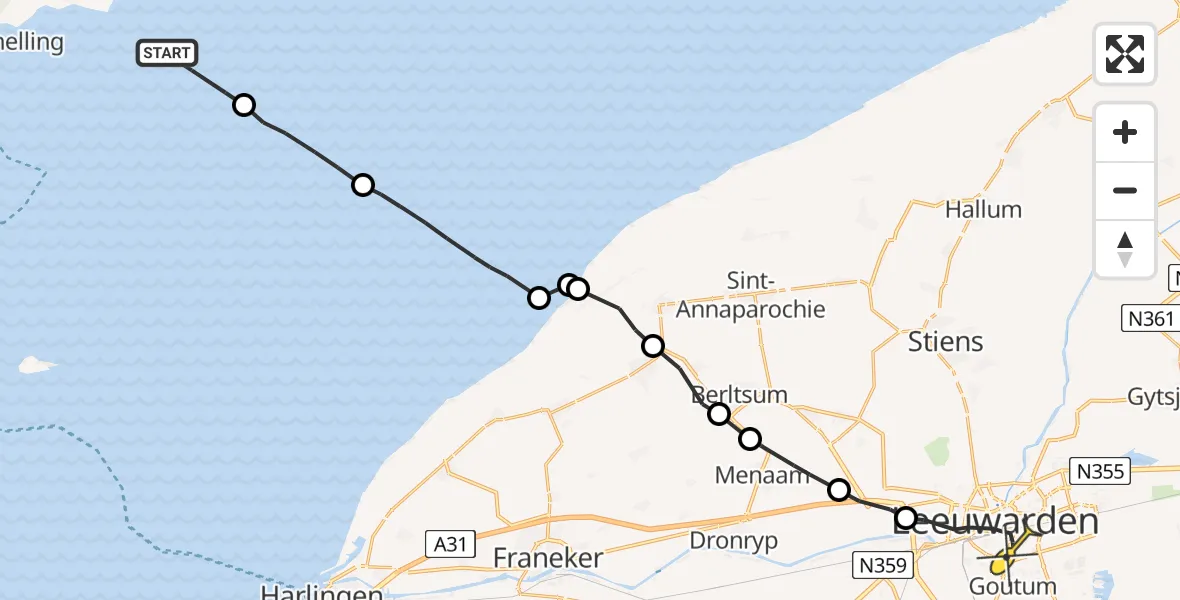 Routekaart van de vlucht: Ambulanceheli naar Leeuwarden, Borniastraat