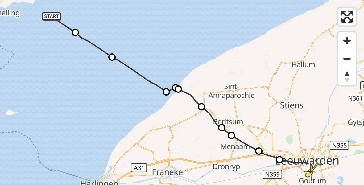 Routekaart van de vlucht: Ambulancehelikopter naar Leeuwarden, Borniastraat