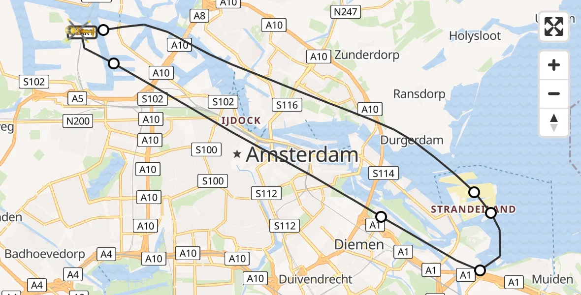 Vluchtroute Traumahelikopter van Amsterdam Heliport naar Amsterdam Heliport