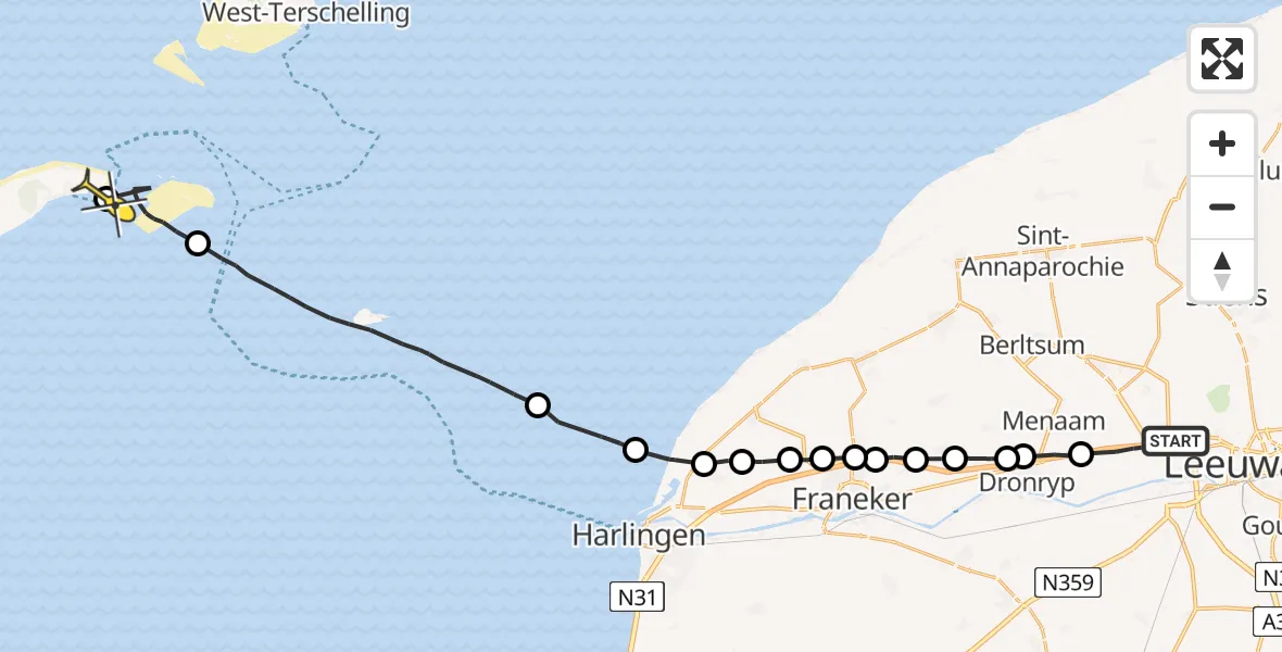 Routekaart van de vlucht: Ambulanceheli naar Vlieland Heliport, Westergoawei