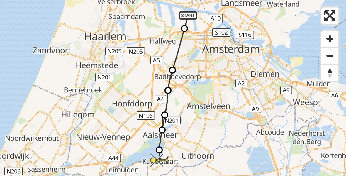 Routekaart van de vlucht: Traumaheli naar Kudelstaart, Westpoortweg