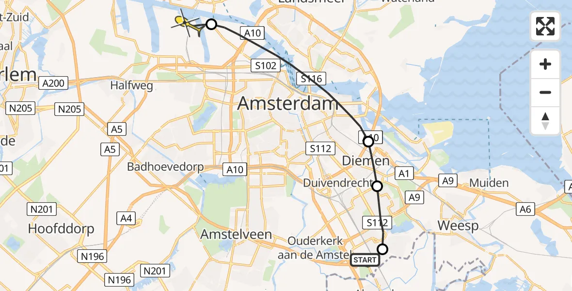Routekaart van de vlucht: Lifeliner 1 naar Amsterdam Heliport, Renooiplein
