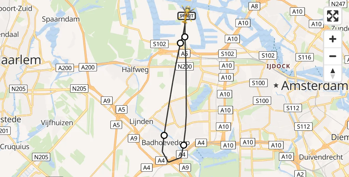 Vluchtroute Traumahelikopter van Amsterdam Heliport naar Amsterdam Heliport