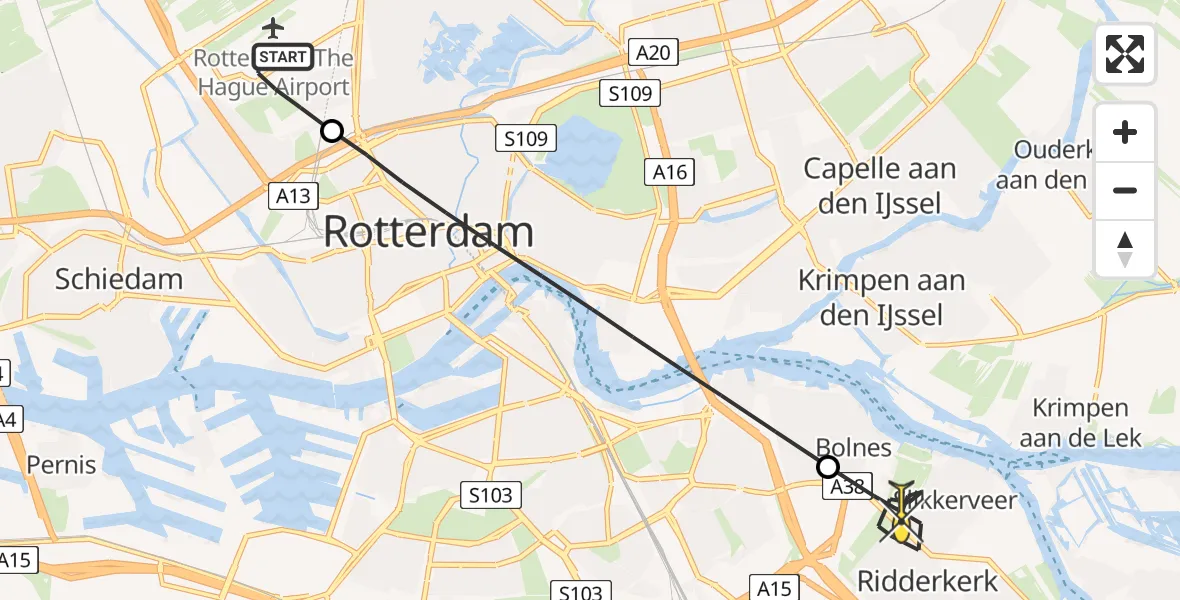 Routekaart van de vlucht: Lifeliner 2 naar Ridderkerk, Beekweg