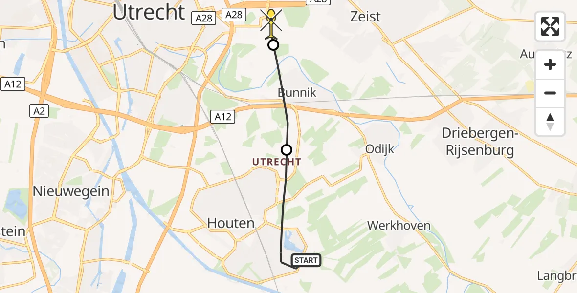 Routekaart van de vlucht: Lifeliner 3 naar Universitair Medisch Centrum Utrecht, Kamgras