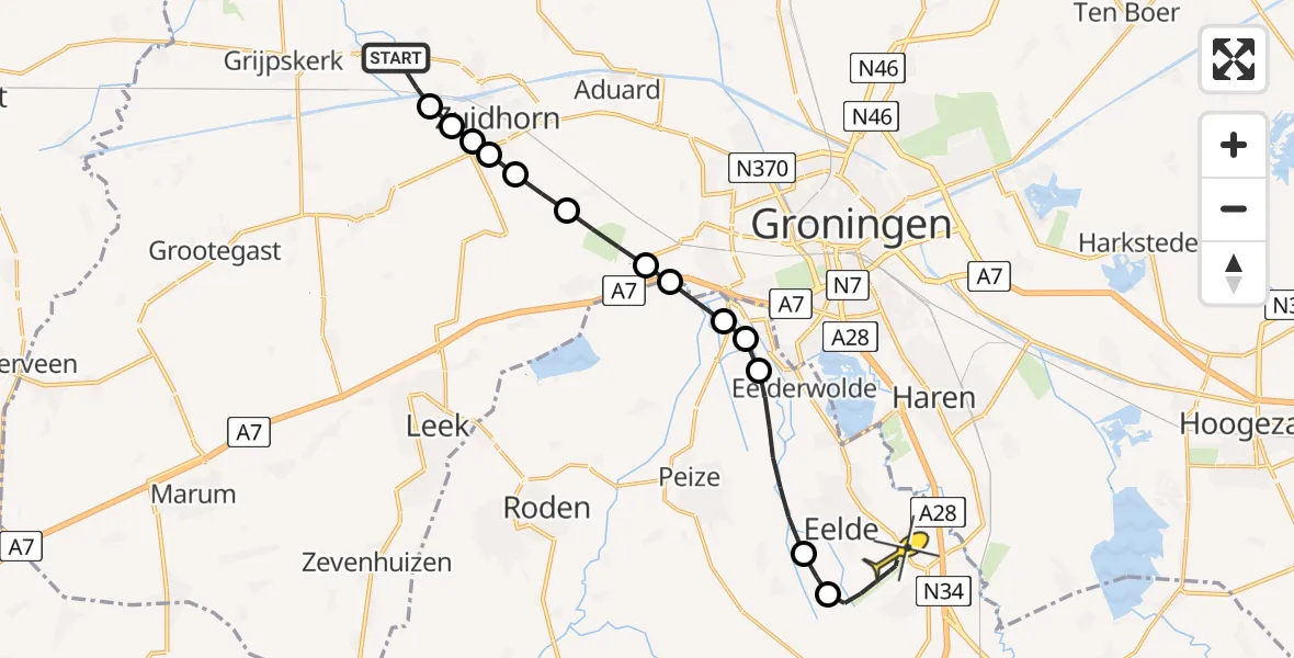 Routekaart van de vlucht: Lifeliner 4 naar Groningen Airport Eelde, Hoendiep Oostzijde