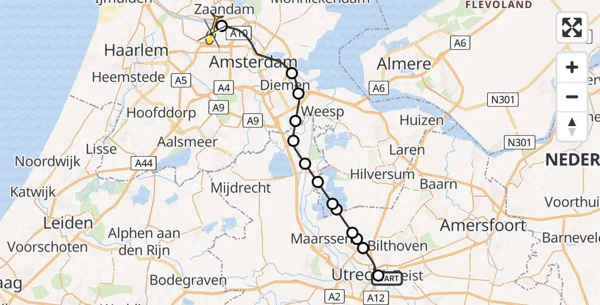 Routekaart van de vlucht: Traumaheli naar Amsterdam Heliport, Capriweg